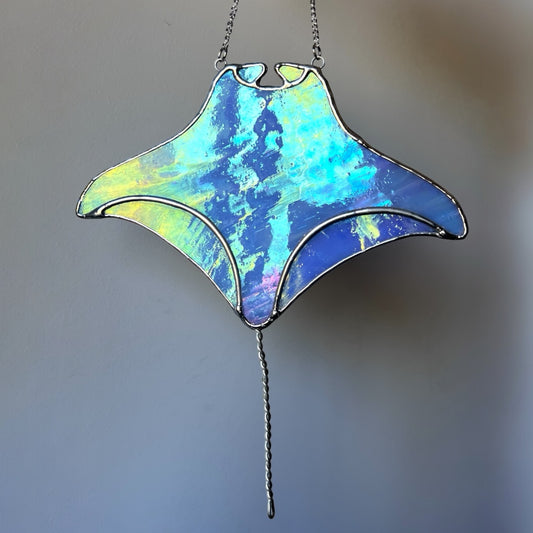 Stained Glass Iridescent Blue Manta Ray