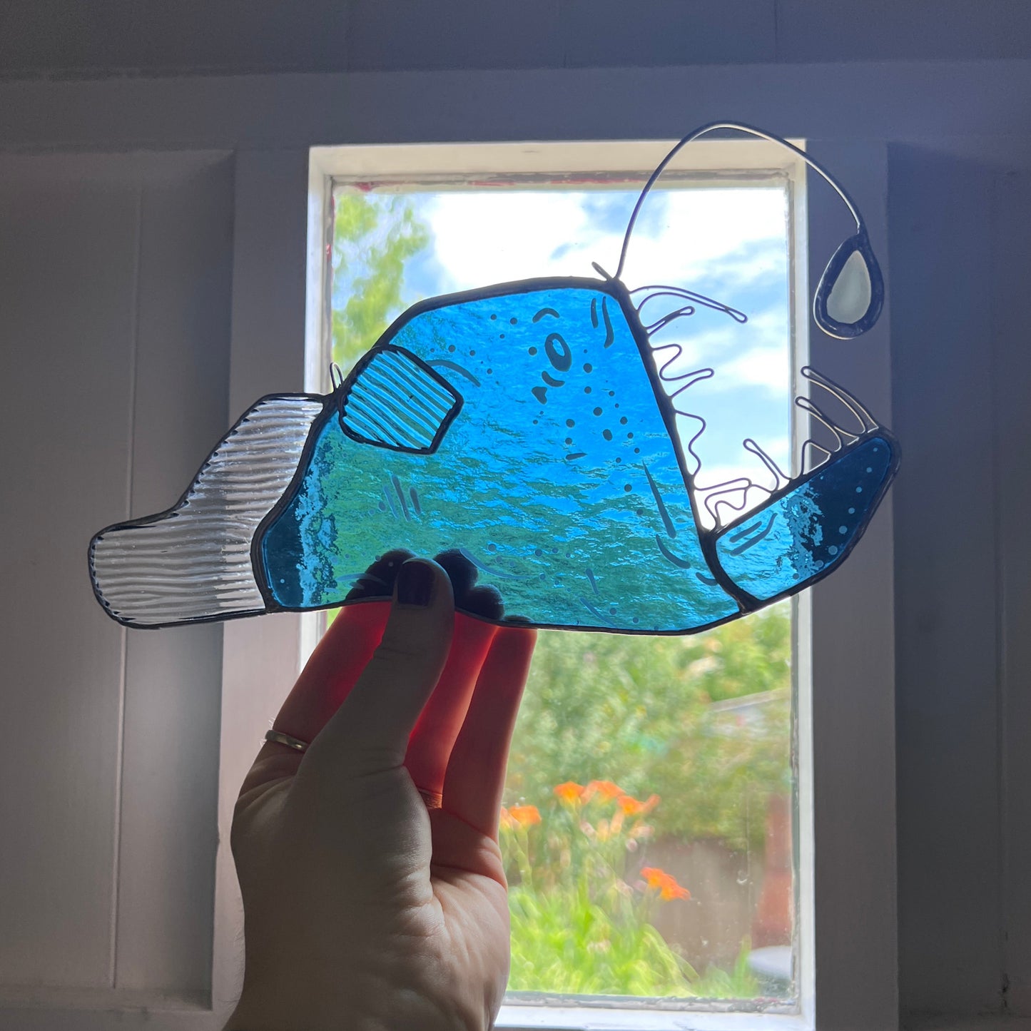 Stained Glass Petrol Blue Angler Fish (textured glass)