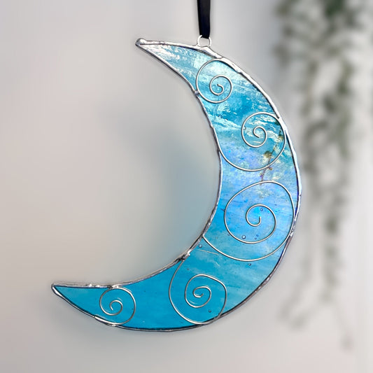 Handcrafted Iridescent Crescent Moon Stained Glass Sun Catcher with Wire Detail