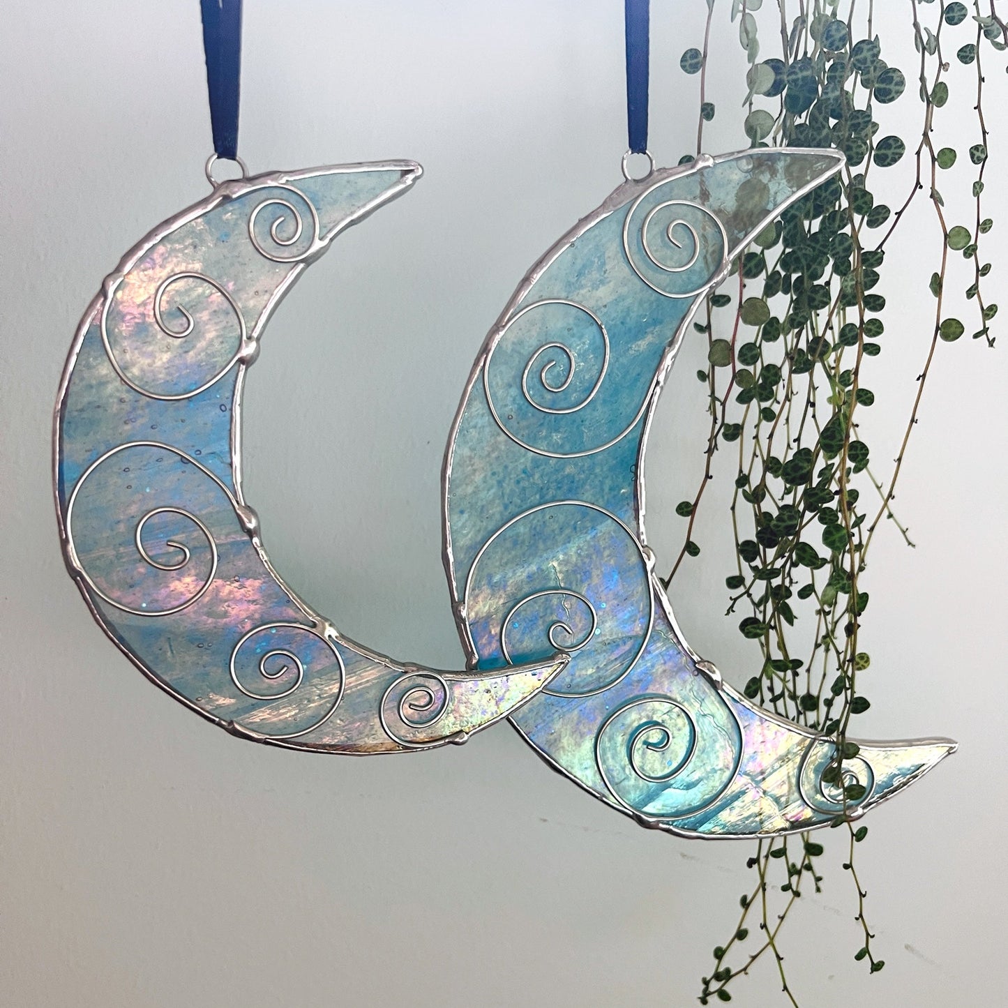 Handcrafted Iridescent Crescent Moon Stained Glass Sun Catcher with Wire Detail