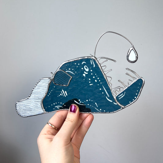 Stained Glass Petrol Blue Angler Fish (textured glass)