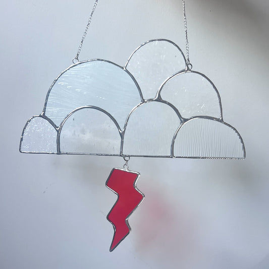 Stained Glass Cloud & Lightning Bolt Suncatcher- Orange Bolt